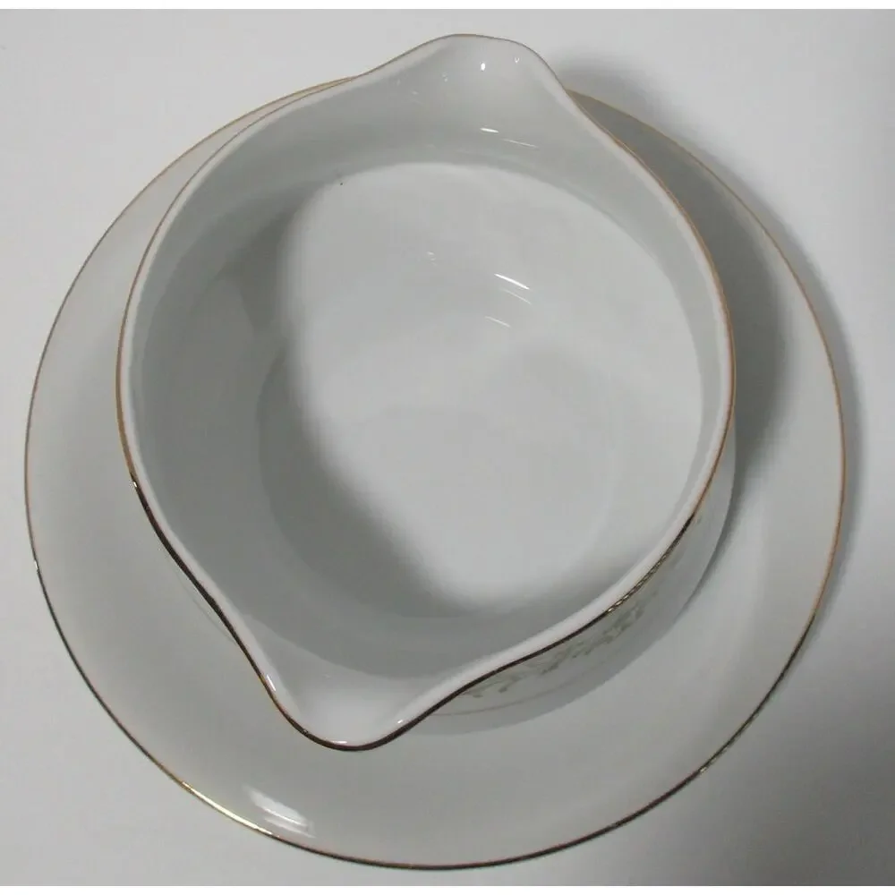 Allergo Fine China Green Scrolls White Gold Trim Gravy Boat With Attached Plate